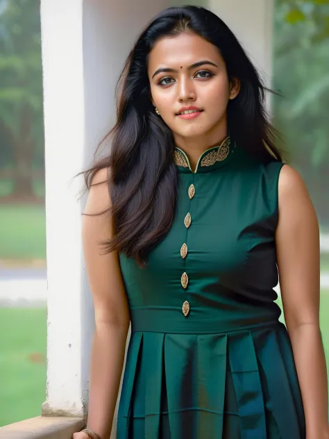 hires full body photo of a 30-year-old woman, aparna das, outdoors, looking at camera, light smile, high neck Dark green (X11) cotton dress,  post-processing, maximum texture, masterpiece, ultra-detailed, photorealistic, sharp focus, insane details, intricate details, perfect face, realistic eyes,simple white stucco background 