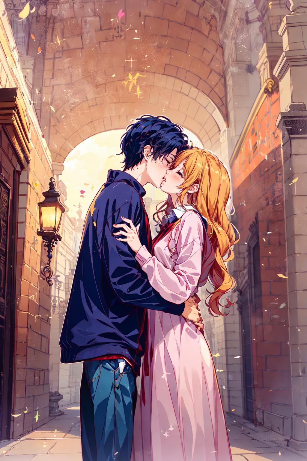 A couple of anime characters kissing in an alley - SeaArt AI