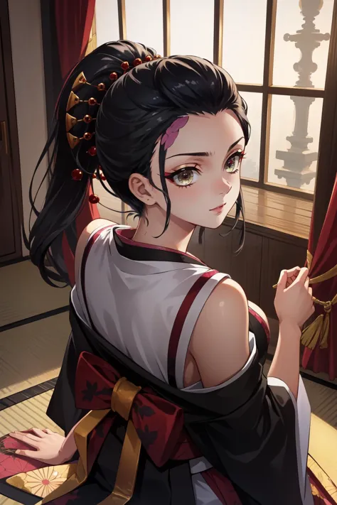 anime girl with long hair and a ponytail in a kimono outfit