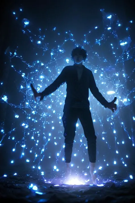 Levitating 20yo 1boy surrounded by glowing azure runes, magical effects,