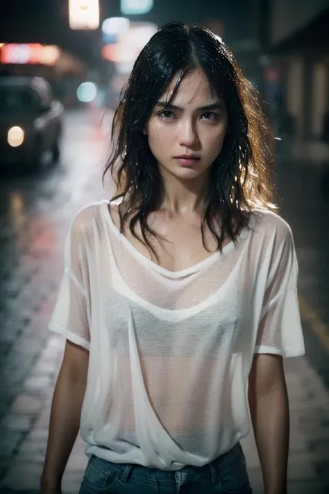 beautiful woman in the rain with wet hair, on the street, full body, ((wet t-shirt)), extremely high quality RAW photograph, detailed background, intricate, Exquisite details and textures, highly detailed, ultra detailed photograph, warm lighting, 4k, shar...