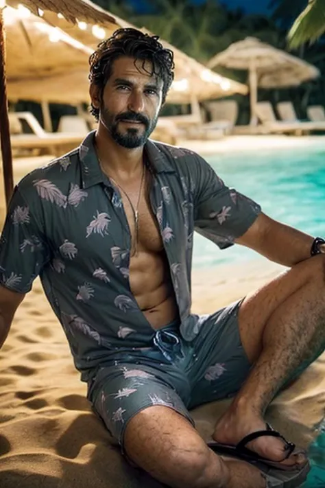 manly, low angle, closeup, hairy chest, slim, resting, looking at viewer, expressive, legs spread, bulge, sitting in beach chair, closeup, (buzzcut, goatee, gray eyes, open patterned hawaiian shirt), smirk, swimming trunks, sandals, leaning back, cord brac...