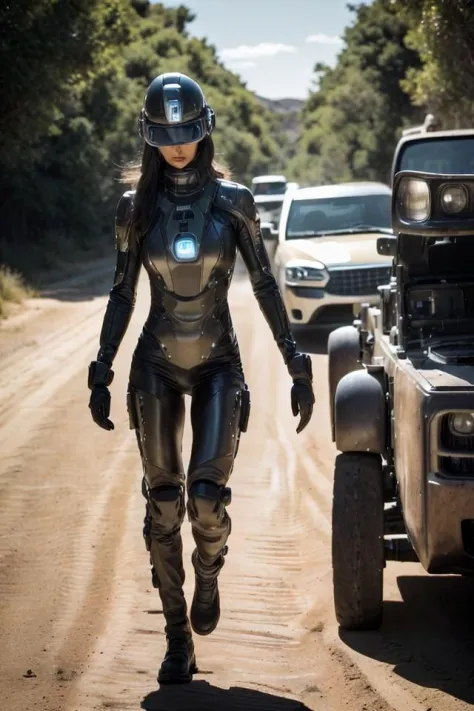 1girl in a futuristic suit walking down a dirt road next to a car and a car in the background,  dieselpunk, concept art, antipodeans,    (high detailed skin:1.2)  extremely high quality RAW photograph, detailed background, intricate, Exquisite details and ...