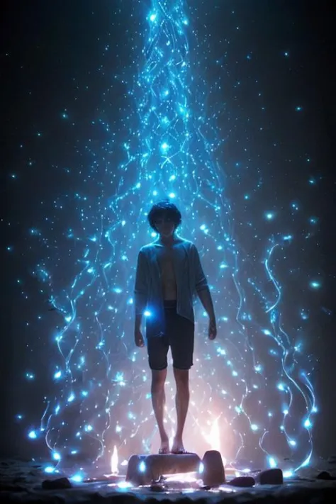 Levitating 20yo 1boy barefoot surrounded by glowing azure runes, magical effects,