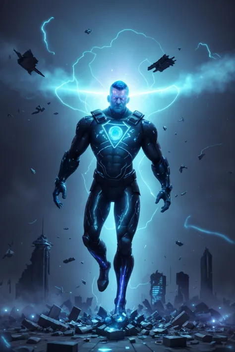 a man in a suit with lightning coming out of his chest