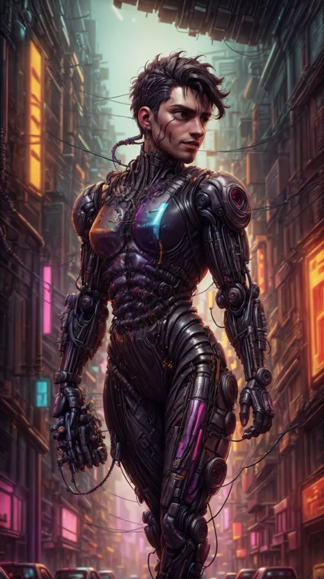 a man in a futuristic suit walking down a city street