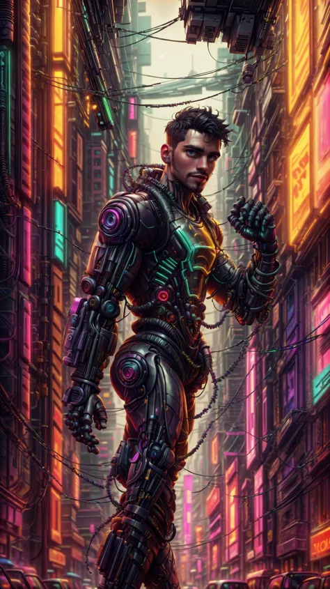 a man in a futuristic suit walking through a city