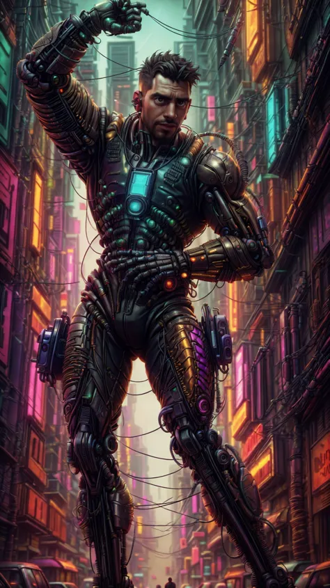 a man in a futuristic suit standing in a city