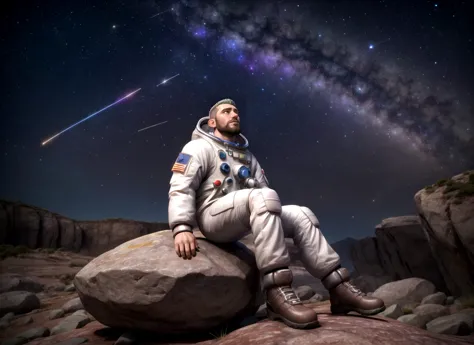 arafed astronaut sitting on a rock with a shooting star in the background