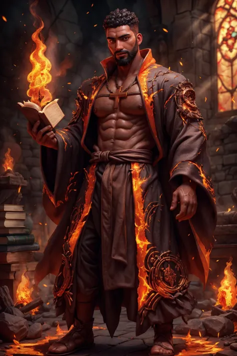 a man in a robe holding a book and fire