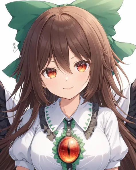 anime girl with long brown hair and green bow and red eyes