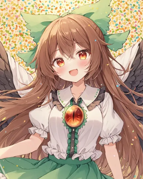 reiuji utsuho, 1girl, hair_bow, open_mouth, black_wings, solo, green_bow, looking_at_viewer, bird_wings, traditional_media, third_eye, white_shirt, feathered_wings, upper_body, puffy_short_sleeves, flower, blush, :d, confetti, skirt, frilled_shirt_collar, collared_shirt
<lora:reiuji_utsuho_image6498_2023-12-20-000005:1>,star-shaped_pupils,symbol-shaped_pupils,. gorgeous,key visual, vibrant, studio anime,award-winning, professional, highly detailed,high budget, cinemascope