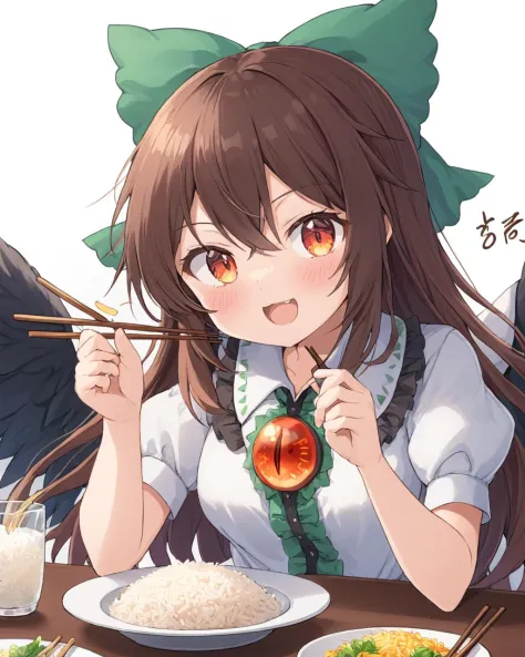 reiuji utsuho,1girl, solo, green_bow, open_mouth, hair_bow, holding_chopsticks, rice, rice_bowl, white_background, puffy_short_sleeves, third_eye, food, simple_background, black_wings, white_shirt, table, cup, upper_body, blush, signature, eating, fang, frills, plate, cape, teeth, collared_shirt, blouse, radiation_symbol, artist_name
<lora:reiuji_utsuho_image6498_2023-12-20-000005:1>,star-shaped_pupils,symbol-shaped_pupils,. gorgeous,key visual, vibrant, studio anime,award-winning, professional, highly detailed,high budget, cinemascope