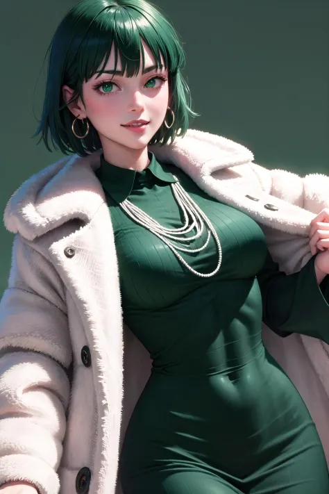 <lora:wrenchopmfubuki:1>, opmfubuki, green hair, green dress, detached collar, taut clothes, taut dress, fur coat, jacket on sho...