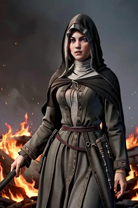 a woman in a hoodedie holding a sword standing in front of a fire