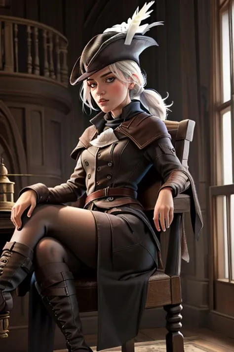 a woman in a hat and boots sitting on a chair