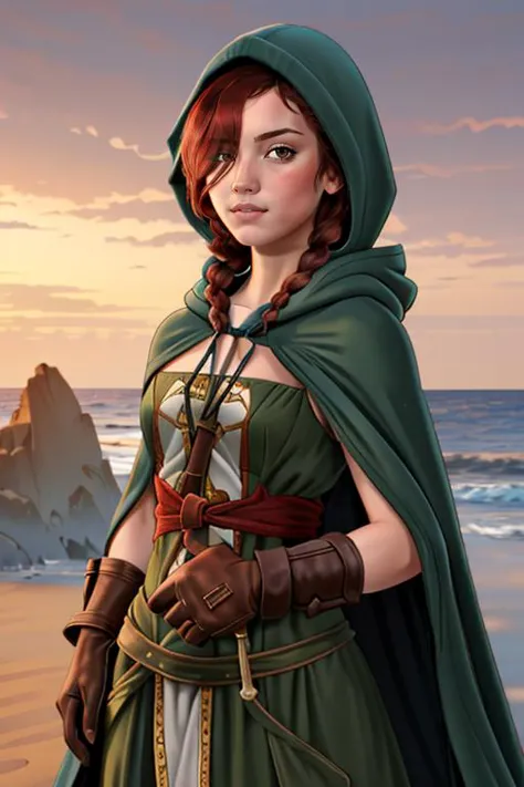 a woman in a green dress and a green cape on a beach