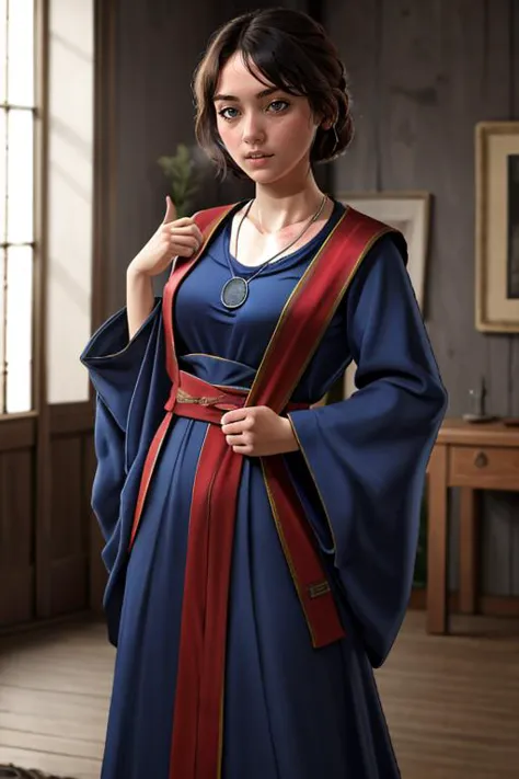 a woman in a blue dress and red sash is posing for a picture