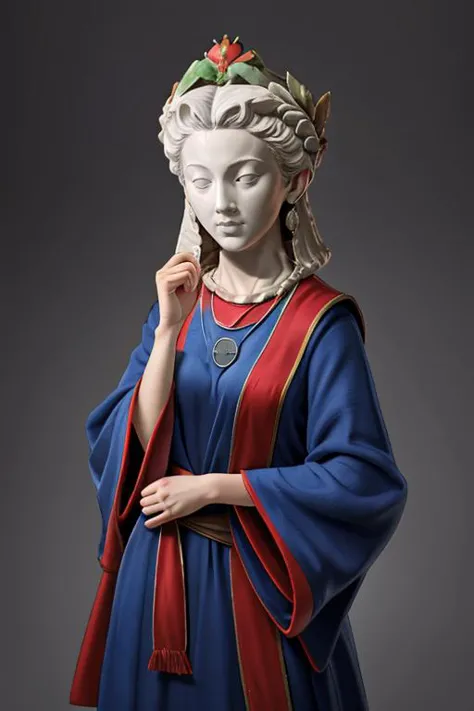 a statue of a woman in a blue dress and a red cape