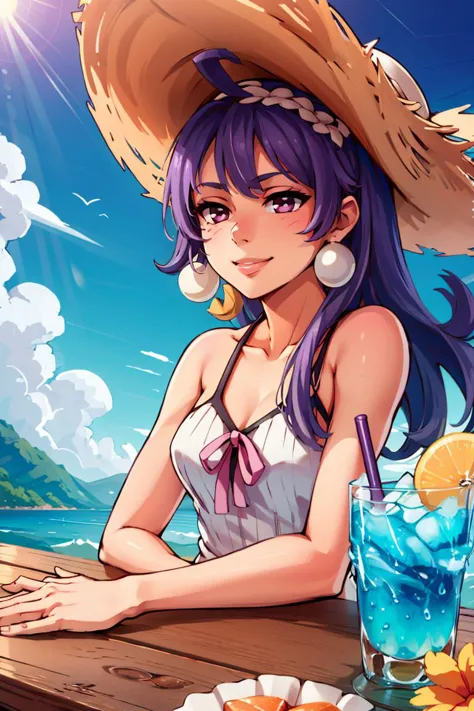 ((masterpiece,best quality)), absurdres, <lora:Dark_Eclair_Anime:0.8>, Dark_Eclair, ahoge, long purple hair, smile, sitting at table, vivid detailed tropical drink, two straws, white sundress, sun hat, flowing winds, sunny, outdoors, upper body,