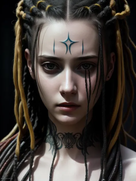 girl 18 years old, with dread locks and makeup looks into the camera with a creepy look on her face and eyes, Android Jones, bio...
