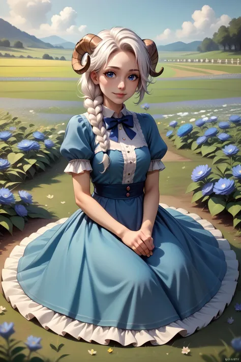 a woman in a blue dress sitting on a field of flowers