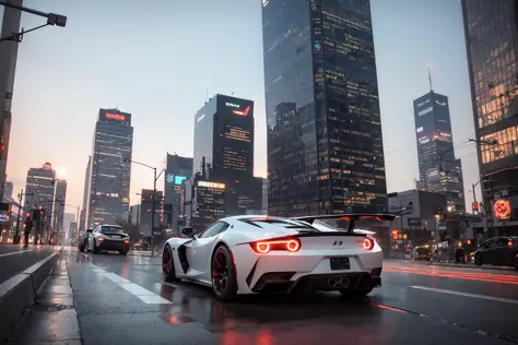 (best quality, masterpiece:1.2), photorealistic, (ambient light:1.3), (cinematic composition:1.2), 8k, hdr, ultra high res, Exquisite details and textures, sportscar, supercar, tail lights, sunset, street view, skyscrapers, skylines, cyberpunk, neon lights...