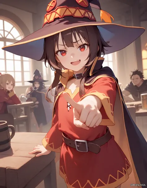 anime girl in a witch hat pointing at the camera