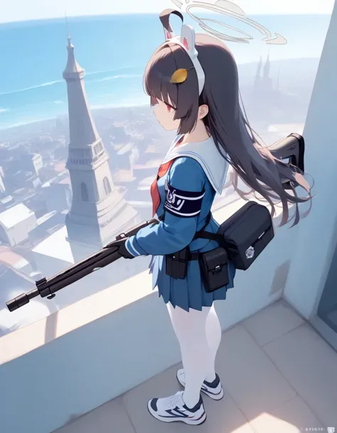 a woman with a gun standing on a ledge overlooking a city