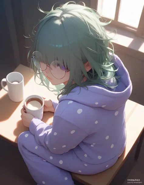 score_9, score_8_up, score_7_up,  round eyewear, from above, rabbit hood, pajamas, onesie, green hair, purple eyes, holding cup, messy hair, hair over eyes, looking at viewer, bedroom, sitting, dappled sunlight, from behind, table,