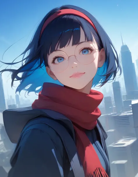 a woman with blue hair and glasses standing in front of a city