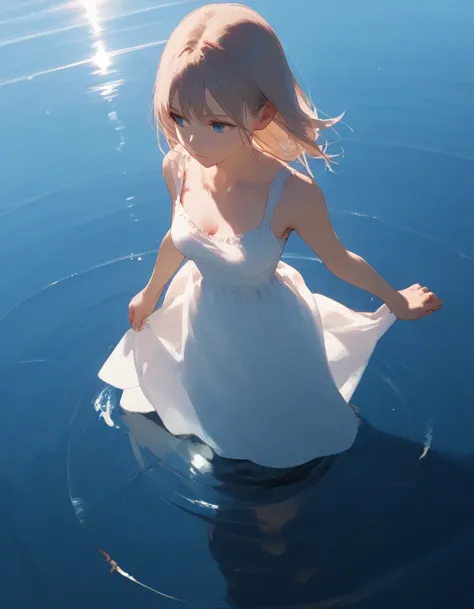 a close up of a person in a dress in a body of water