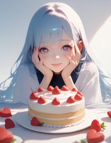 anime girl with blue hair and blue eyes sitting in front of a cake