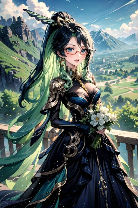 (masterpiece, best quality, detailed), 1girl, solo, looking at viewer, xianyun, very long hair, ponytail, hair ornament, semi-rimless eyewear, earrings,
<lora:wrenchelegadome:0.8>, wrenchelegadome, black dress, layered dress, long dress, outdoors, mountain, castle, fantasy, scenery, sky, holding bouquet, bouquet, flower, smile, open mouth