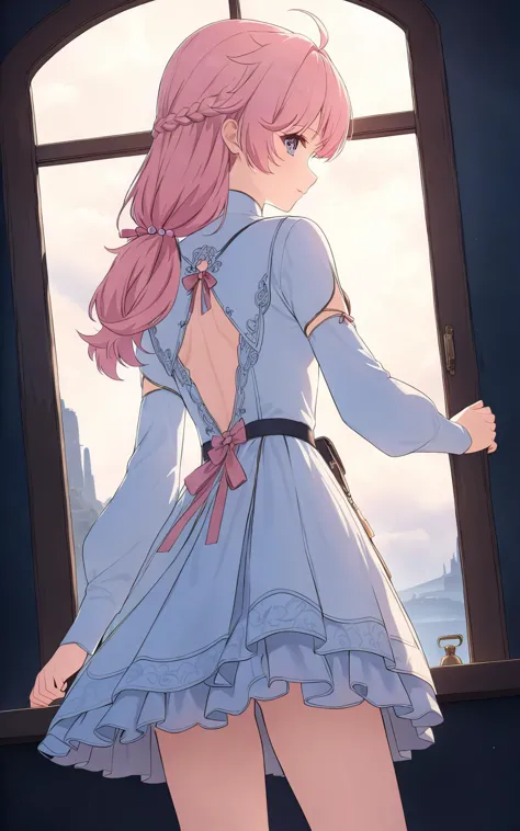 <lora:encore:1>
small girl, back, full lenght, correct anatomy, beautiful body, cute, pink hair, dress, many details, super detailed, atmospheric lighting, high quality, HD, realism