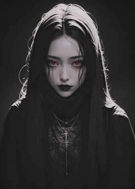 Goth girl 1girl, solo, long hair, looking at viewer, red eyes, jewelry, necklace, makeup, lipstick, black background, portrait, glowing eyes, <lora:Goth_girl-v1.5:0.8>
<lora:vergvoktre_finetuned:0.8> by vergvoktre, dramatic, gritty, intense, distorted face, nightmare, intricate details, hyperdetailed, cinematic, dark shot, film grainy, soothing tones, muted colors, technicolor
BREAK
<lora:Dark_Art:1> d4rk4rt artstyle, monochrome, greyscale