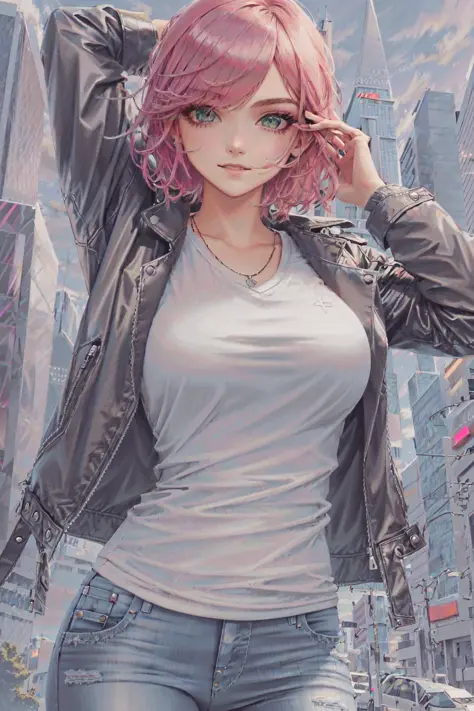 1girl, solo, detailed holographic rainbow eyes, red and green hair, leather jacket, wearing a tshirt, wearing jeans, medium brea...