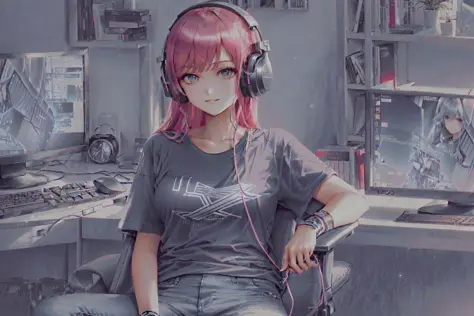 (masterpiece, best illustration, best manga), (extreme detail, ultra fine), solo, 1girl, violet eyes, (pink hair), (sitting at a computer:1.4),(long hair), (gamer headphones), (large tv in the background),  (large breasts:1.3), (sexy),  (vivid colors),(wearing a band tshirt:1.8), (denim jeans), (extreme light and shadow, volumetric lighting), (rim lighting:1.5), (solo), (70s style:.5),(ultra sharp:2), manwha1