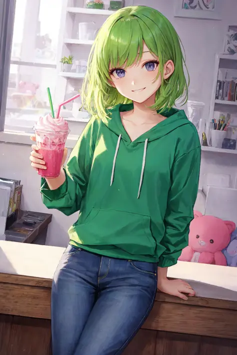 anipoma1,(masterpiece, best illustration, best manga), solo, 1girl, violet eyes, (shiny skin, soft hair), (holding a milkshake),...