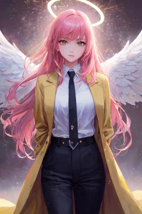 (masterpiece, best quality:1.9), (ultra-detailed:1.3), 1girl, solo, (pink hair, messy hair, long hair), (angel wings, angel halo...