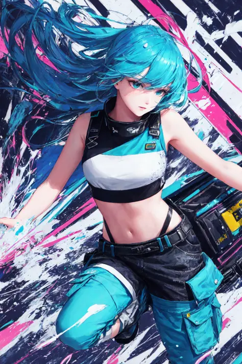 swpunk style synthwaveaward winning half body portrait of a woman in a croptop and cargo pants with ombre navy blue teal hairsty...