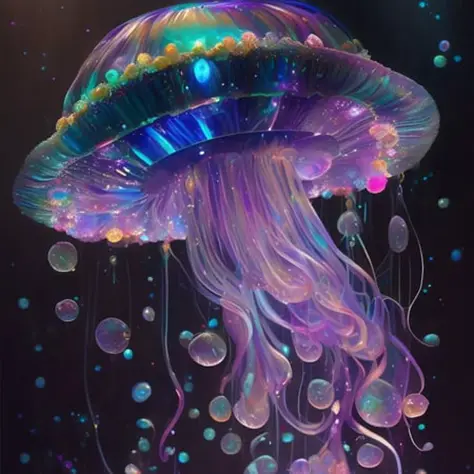 a jellyfish with a lot of bubbles floating around it's head and body, with a black background , chaingirldark style cyberpunk, sci-fi, fantasy, intricate, elegant, highly detailed, digital painting, artstation, concept art, shining, sharp focus, illustrati...