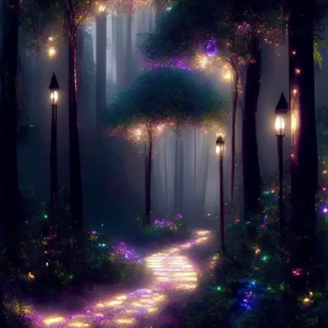 a path in the woods with lights on it and flowers growing on the side of it, with a path leading to the right , chaingirldark style environment, dynamic lighting, photorealistic fantasy concept art, trending on art station, stunning visuals, creative, cine...
