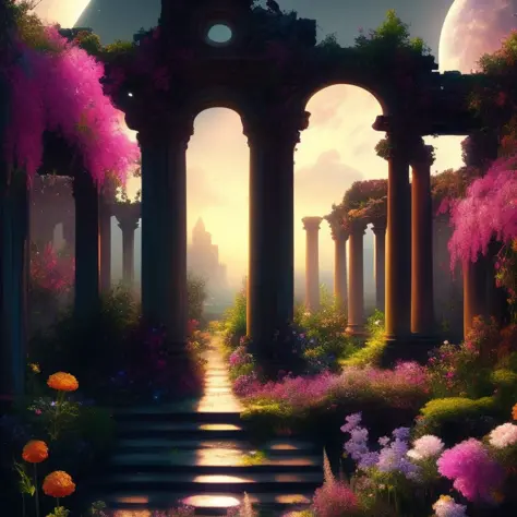 a painting of a garden with flowers and ruins in the background at night time with a full moon in the sky , chaingirldark style ultra detailed, trending on artstation, concept art, unreal engine, octane render