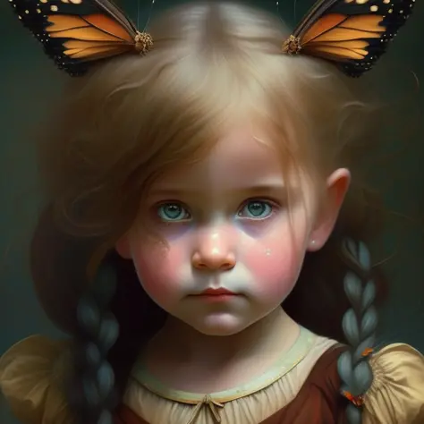 a painting of a little girl with a bird on her shoulder and a butterfly on her shoulder, with a dark background , chaingirldark style elegant, highly detailed, artstation, concept art, matte, sharp focus, art by Artgerm and Greg Rutkowski and Alphonse Much...