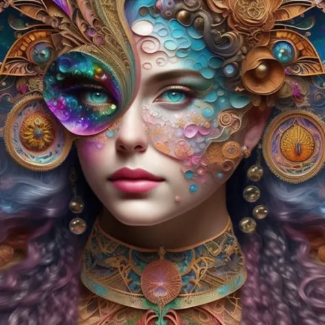 a woman with a lot of bubbles in her hair and a bubble in her mouth, with a colorful background , chaingirldark style art by Noah Bradley and Jeff Easley and Peter Elson + beautiful eyes, beautiful face + symmetry face + border and embellishments inspiried...