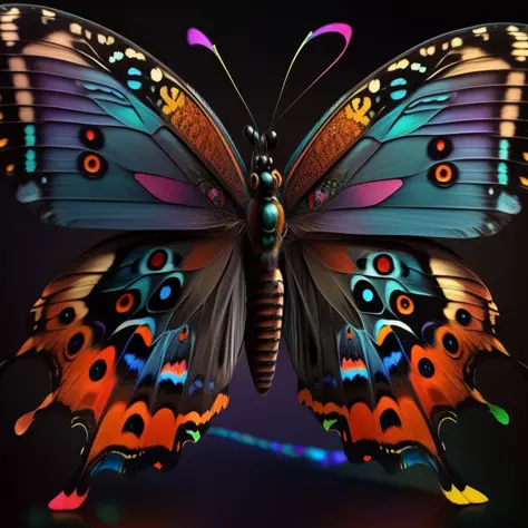 a colorful butterfly with a black background and a black background with a red, yellow, and blue butterfly , chaingirldark style ultra detailed, photorealistic, trending on artstation, 4k, 8k