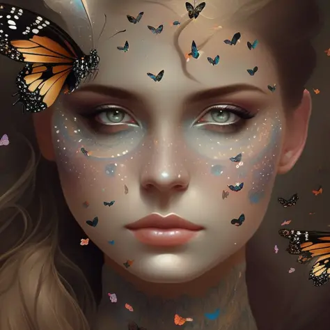 a woman with butterflies on her face and a black background with butterflies around her head and a butterfly on her face , chaingirldark style elegant, highly detailed, digital painting, artstation, concept art, matte, sharp focus, illustration, art by Art...