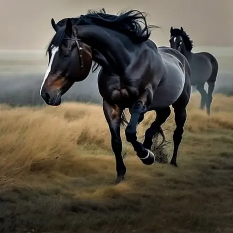 two horses running in a field in the foggy day time, with one horse looking at the camera , chaingirldark style ultra detailed, 8k, 35mm lens, beautiful, classical painting, smoke tendrils, clouds, foggy, volumetric lighting, cloudy, trending on Artstation...
