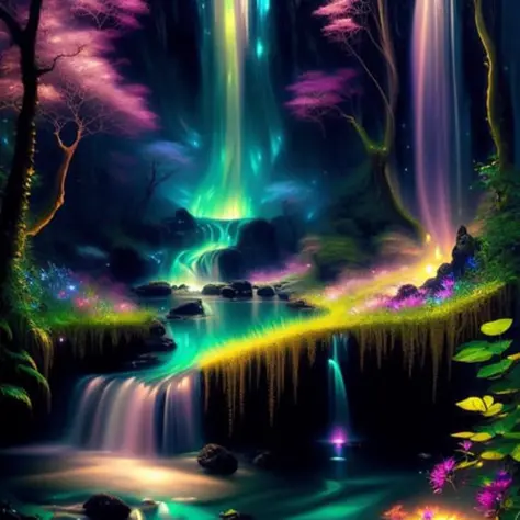 a painting of a stream in a forest with a waterfall in the background and a bright aurora bore above , chaingirldark style elegant, highly detailed, digital painting, artstation, concept art, matte, sharp focus, illustration, art by Artgerm and Greg Rutkow...